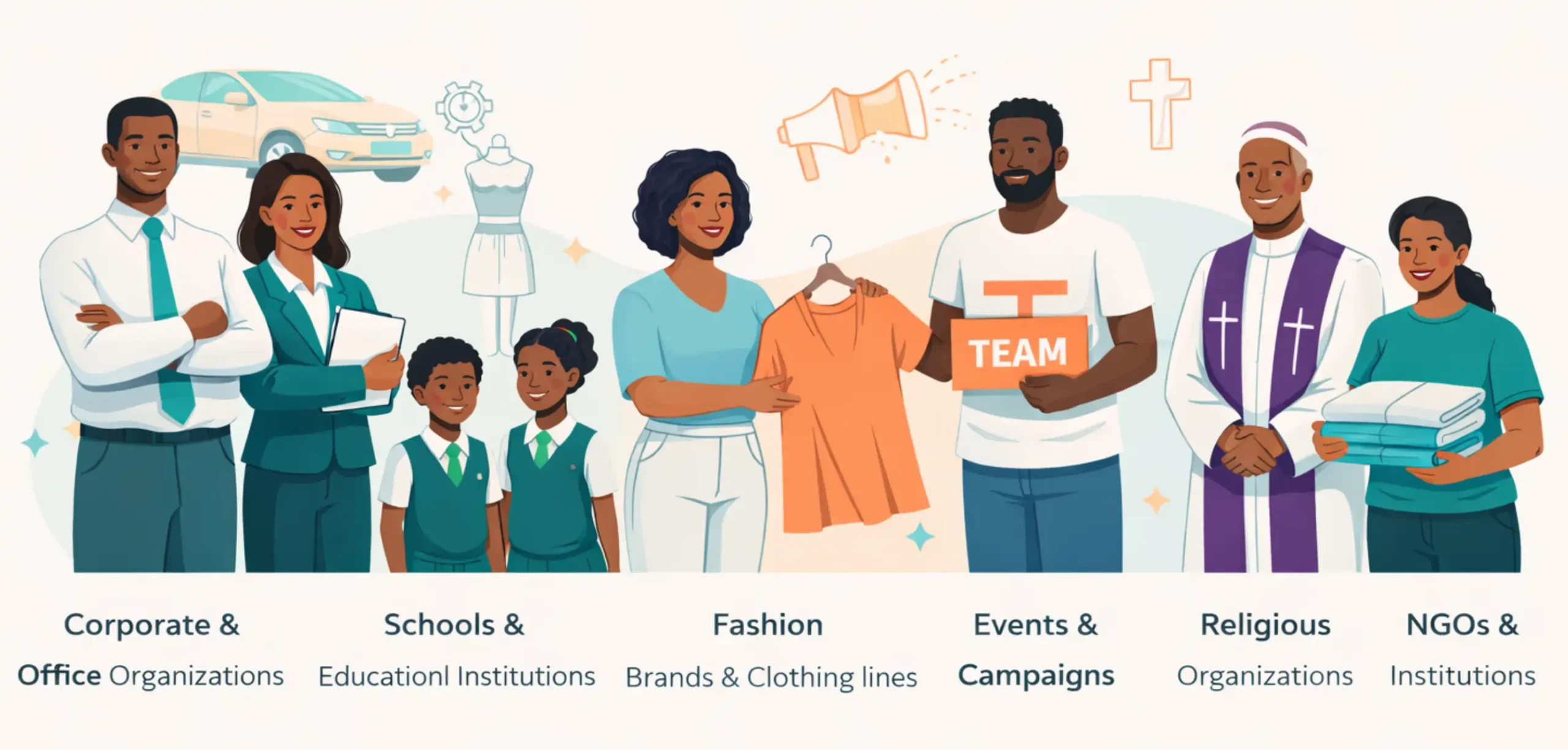 Industries we serve garment factory Industries served by garment factory Nigeria showing corporate, schools, fashion brands, events and organisations
